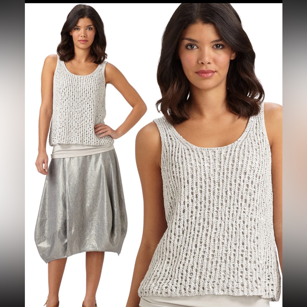 Eileen Fisher Open Knit Sequin Tank Top | Italian Yarn | Silver Metallic | S